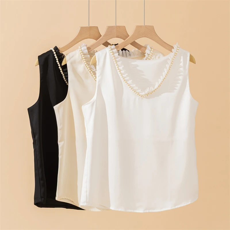 MVLYFLRT High-End V-neck Silk Vest with Pearl Fungus Edge Versatile Fashion Tops Solid Color Inner Layer Bottom Suspender Design