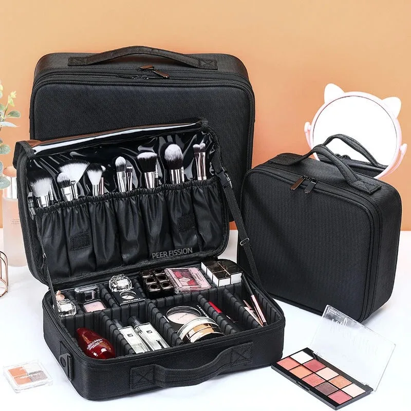 Nuova borsa per il trucco in tessuto Oxford portatile di grande capacitร con scomparti Custodia cosmetica da viaggio per le donne