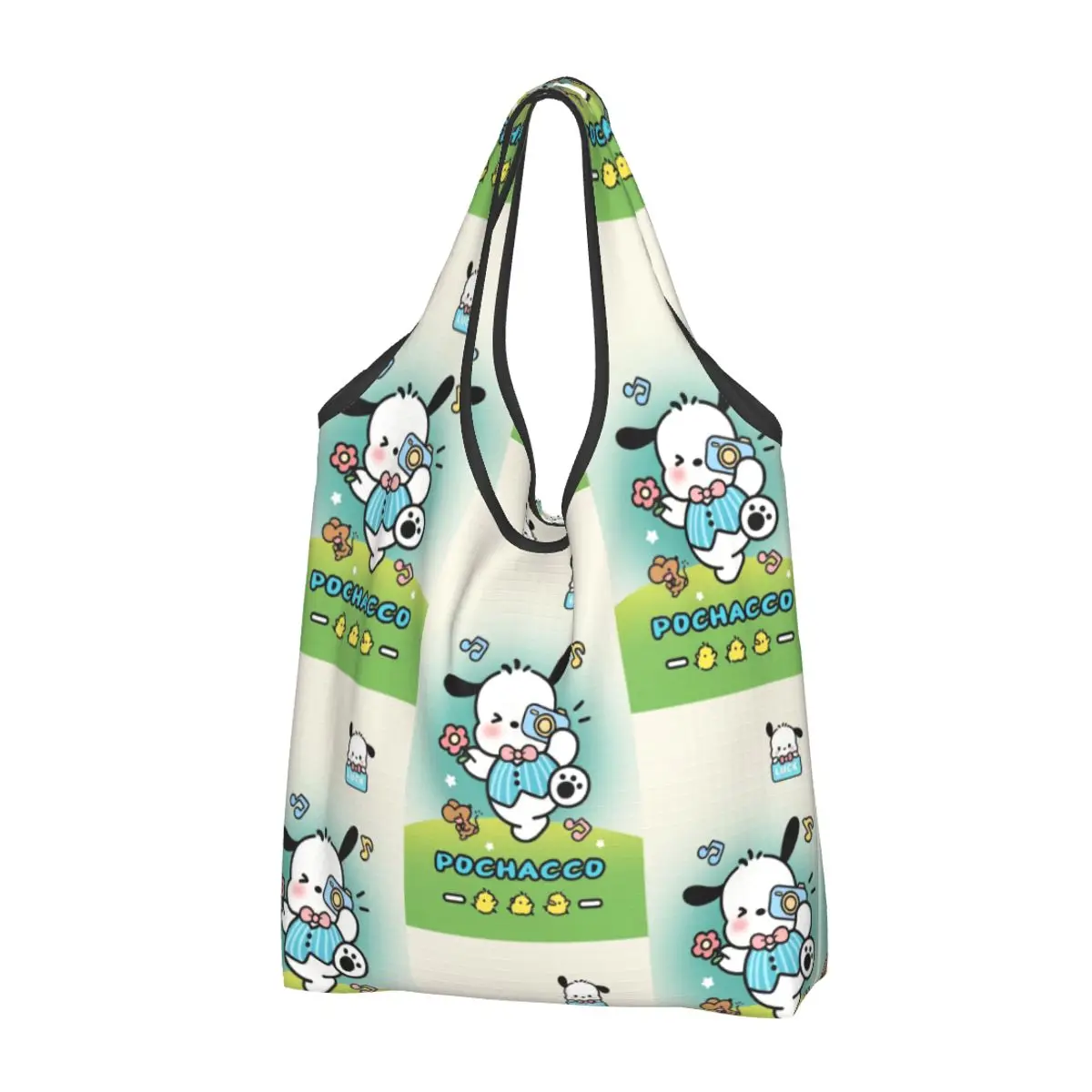 Custom Pochacco Sanrio Cartoon Groceries Shopping Tote Bag Women Kawaii Shoulder Shopper Bag Big Capacity Handbag