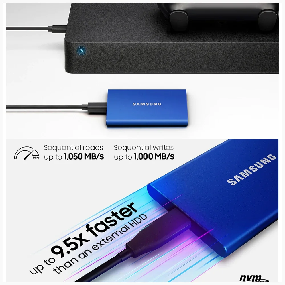 Samsung-T7 SSD portátil compatível para laptop e PC, disco de estado sólido, disco rígido externo, tipo C, USB 3.2, gen 2, 1TB, 2TB