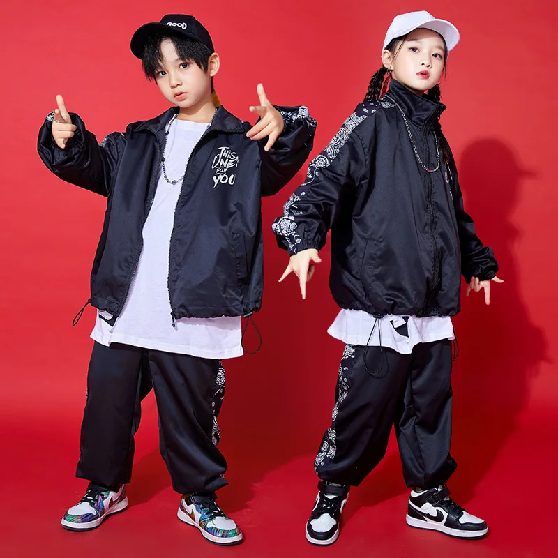 

2025 Children Ballroom Hip Hop Dance Costumes For Girls Black Loose Hiphop Outfits Boys Modern Jazz Performance Wear DQS18518
