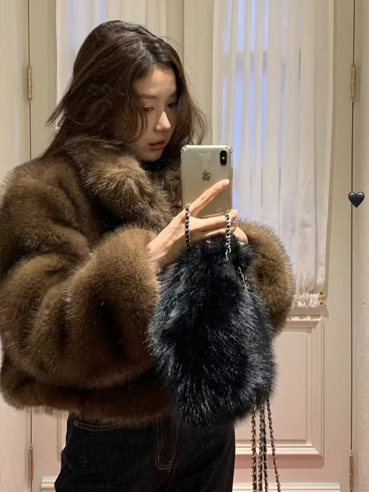 따뜻한 여성용 모사 썸바른넷 인조 모피 코트 루즈핏 레이어링 탑 라운드 넥 롱 소매 버튼 클로저