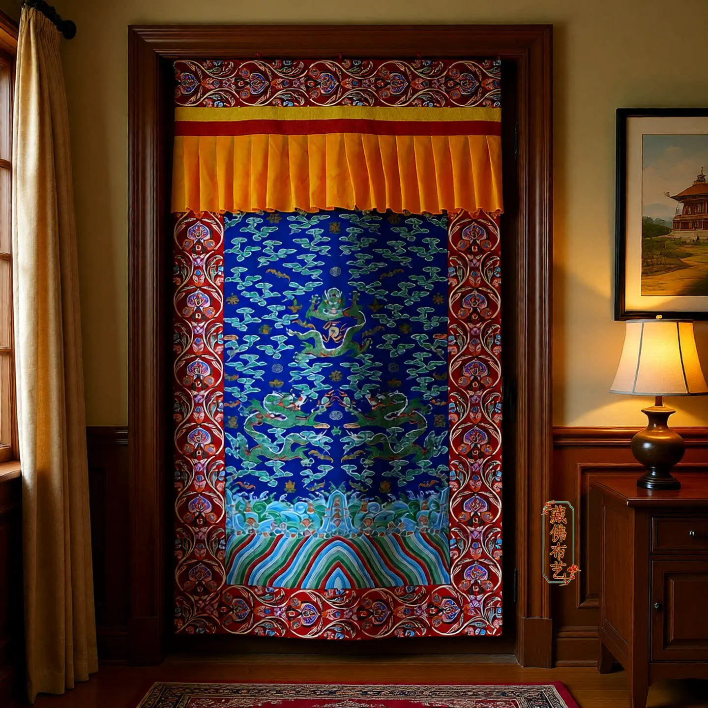 Tibetan Pattern Jacquard Door Curtain Thick Double Layer Single Sided Design for Buddhist Room Dividers, Prayer Space Decoration