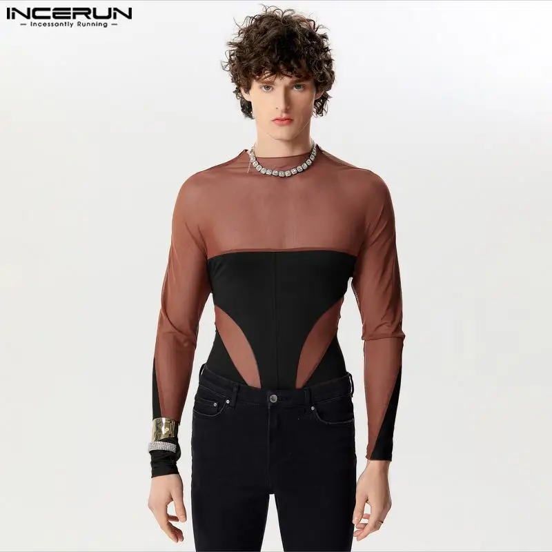 INCERUN Sexy Mens Homewear Jumpsuits Fashion Mesh Deconstruction Design Rompers Splicing Long Sleeved Triangular Bodysuits S-3XL