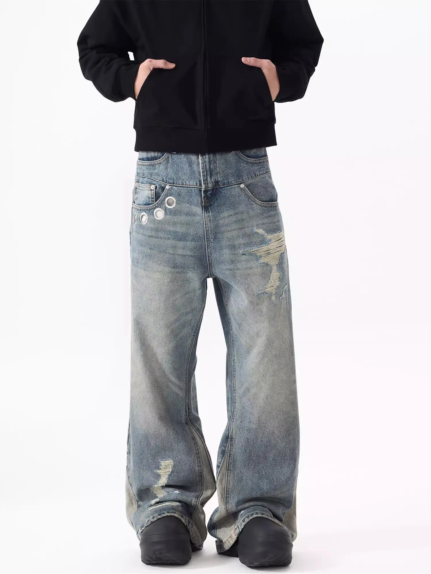 الرجعية الأمريكية تصميم الجينز زوجين مباراة البالية نظرة فضفاضة السراويل الطويلة عارضة مستقيم الساق الجينز الاتجاه الشباب