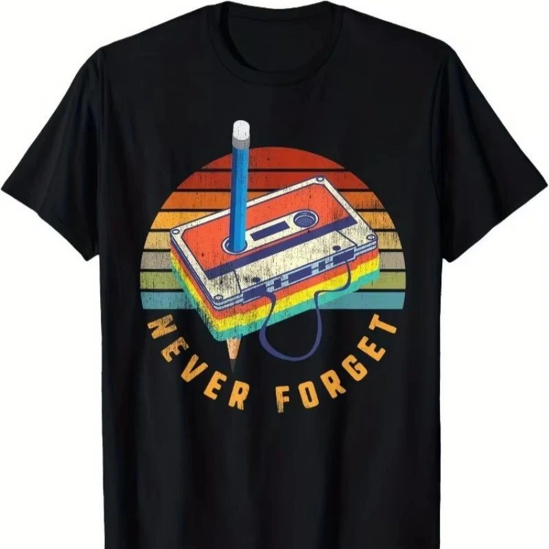 Never Forget Printed Short-sleeved Tshirt Women Retro 80s Cassette Tape Pattern Tee Soft Breathable Round Neck Summer cute Tops