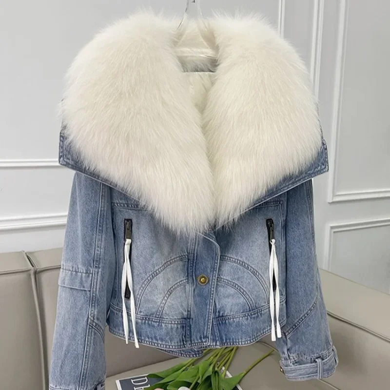 Winter Thickened Short Denim Jacket Fashion  Parkas Jeans Jacket Luxury Fur Coat Removable Fur Collar Cotton Jacket New