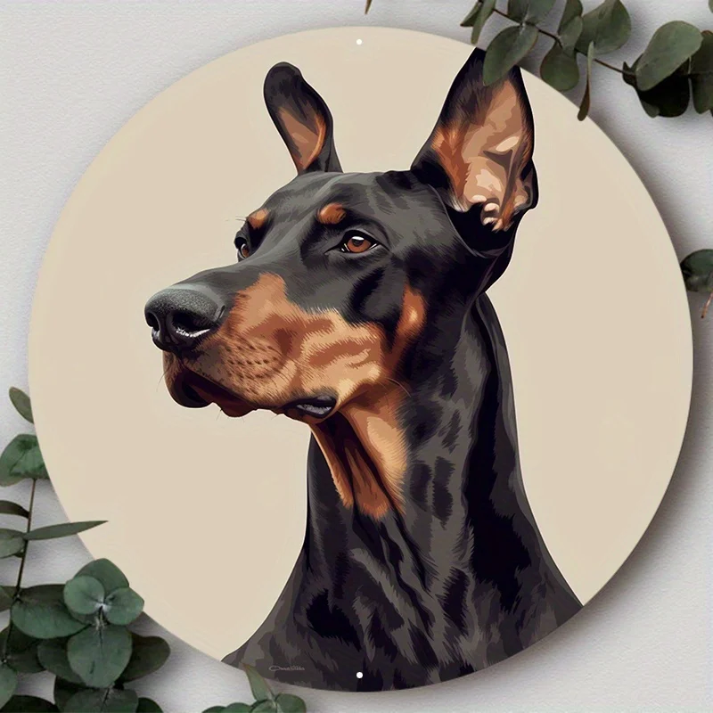 Aluminum Metal Sign, 2D Flat Circular Wreath Logo, Tavern Club Home Scene Decoration, Doberman Pinscher, Wall Art Home Decor