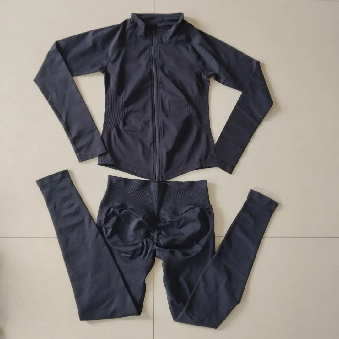 Women's 2PcS Long Sleeve Zipper Gym Top Leggings Set Yoga Running Shirt Fitness Sports Clothing Pants Ensemble