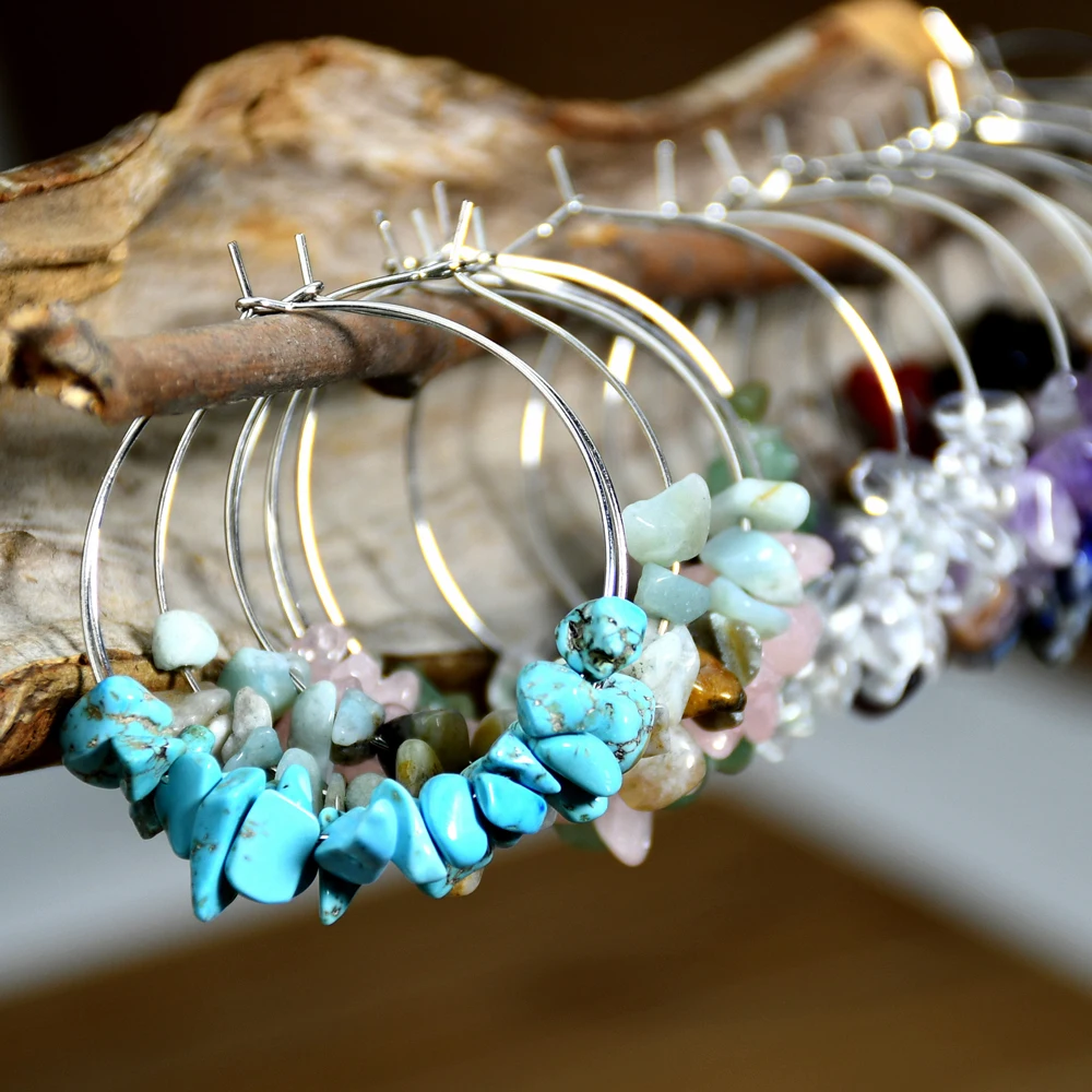 Bohemian Natural Stone Chips Beaded Hoop Earrings Women Colorful Turquoise Amazonite Amethyst Rose Quartz Ear Jewelry