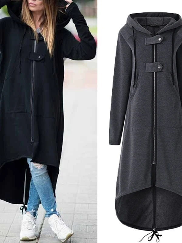 

Women's Hooded Windbreaker Jaet Button Zipper Design Long Sve Street Sle Coat Straight Cut Fit Winter Faion