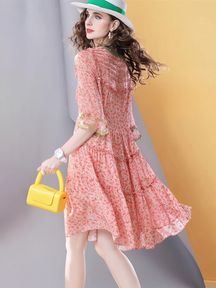 100% Silk Floral Dress Women V Neck A Line Long Sleeve Trumpet Cuff Summer Boho Midi Dress Elegant Vintage Sundress - Image 6