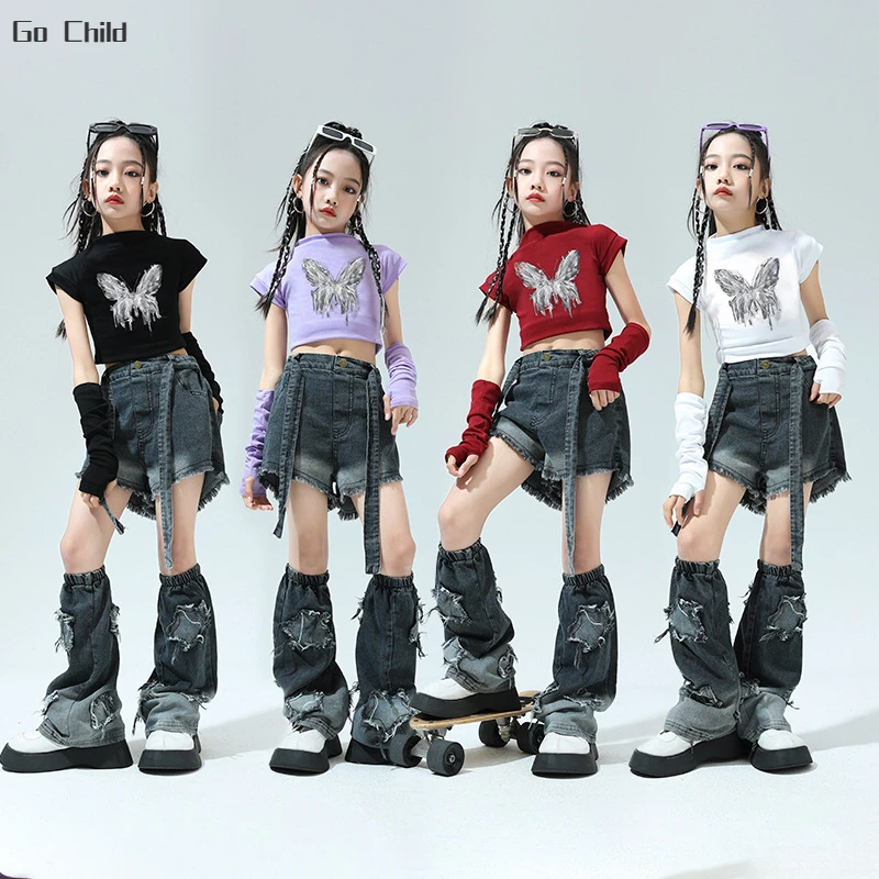 Girls Hip Hop Crop Top Oversleeve Ripped Street Dance Shorts Child Sweet T-shirts Streetwear Jeans Clothes Set Kids Jazz Costume