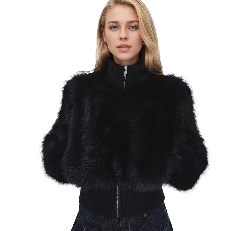 Stand-up Collar and Front Shoulder Imitation fox fur Coat for Women's Autumn and Winter 2025 New Zipper High-end Short fur Coat