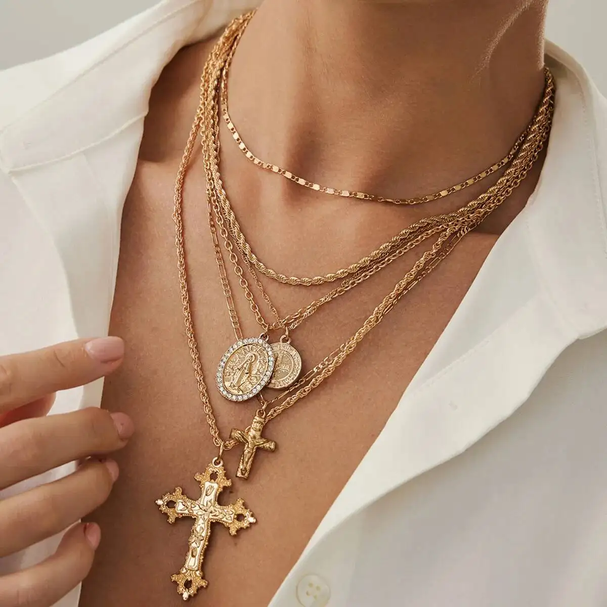 IngeSight.Z 6Pcs/Set HipHop Punk Jesus Cross Pendant Necklace Women Vintage Adjustable Gold Color Necklace Statement Y2K Jewelry