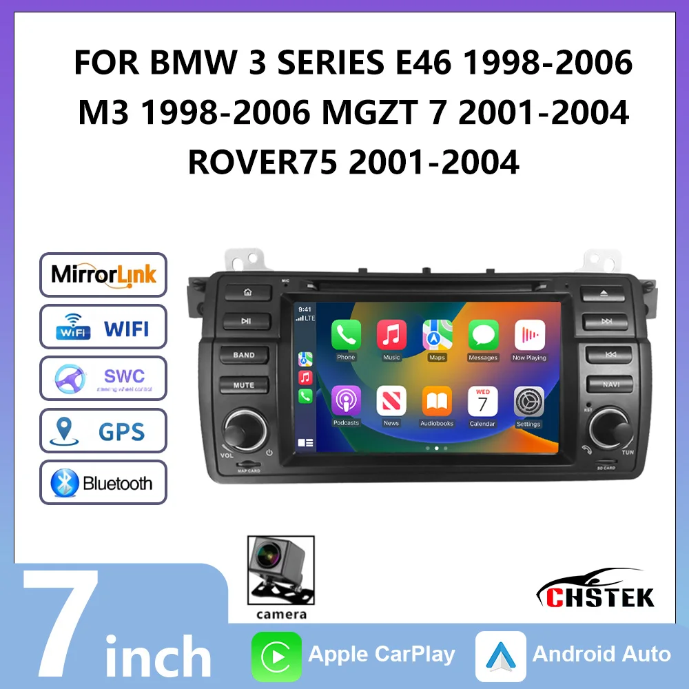 Radio para Auto CHSTEK con Carplay y Android para BMW Serie 3 E46 1998-2006, M3 1998-2006, MGZT 7 2001-2004, ROVER75 2001-2004, Bluetooth, WIFI
