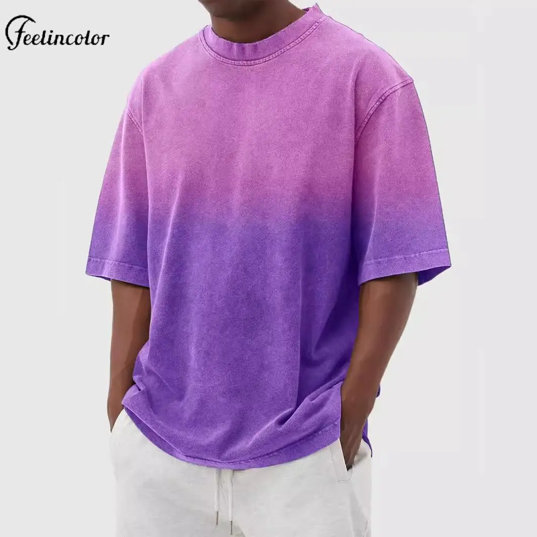 Retro Men's Wash Water Gradient T-Shirt Summer Breathable Short Sleeve Shirts Round Neck Straight Top Casual Loose Male Clothing