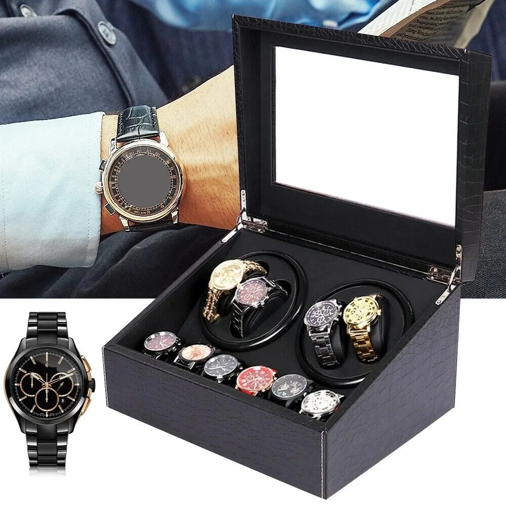Boîte de rangement pour accessoires de montre carrée à angle droit, en similicuir mat à motif crocodile, boîte à montre de luxe en similicuir noir gaufré façon crocodile, support organisateur de montres robuste pour organiser soigneusement les montres, les bracelets et autres petits accessoires de montre.