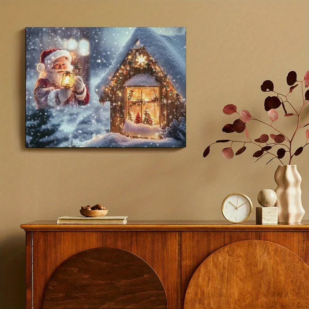 Father Christmas with Christmas Eve Gifts Canvas Painting Suitable for Home Bedroom Living Room  Office Framed Home Decoration