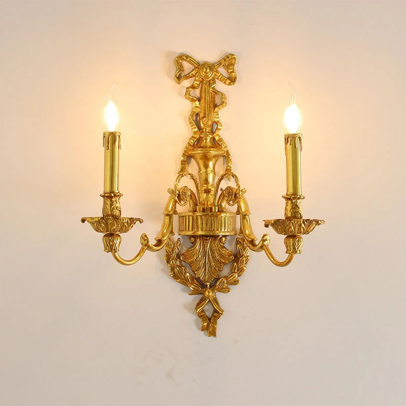 French Retro All Copper Villa Hallway Wall Lamp European Bedroom Bedside Candle Wall Light Living Room TV Background Lighting