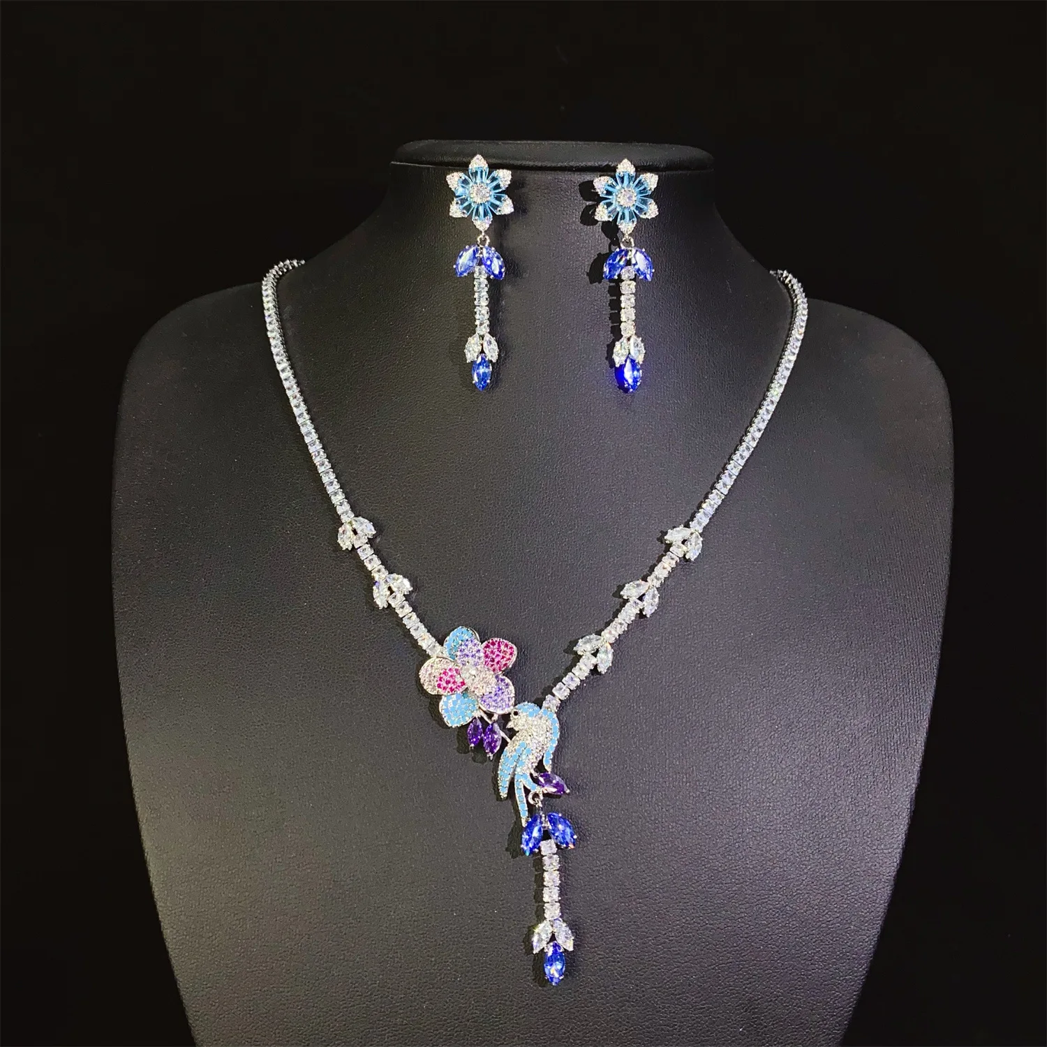 

blue zirconia jewelry sets flower bird necklace earrings wedding bride dinner party anniversary gift women