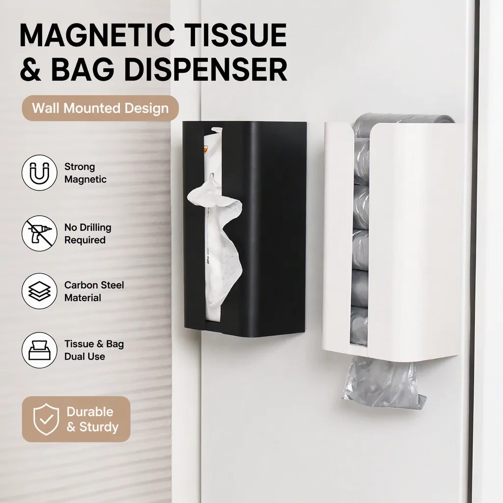 No Drill Carbon Steel Tissue Box, Magnetic Wall Mount Paper Towel Holder for Kitchen Fridge, Garbage Bag Storage Organizer