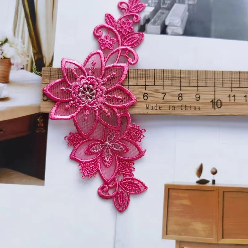 4PCS/Lot 6*13.5cm Fluorescent Rose Red Fuchsia Color Flower Sewing Motif Venise Lace Applique for Garment Embroidery Lace Patch