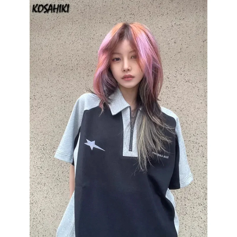 

Y2k Эстетические контрастные цвета футболки с отложным воротником в стиле пэчворк на молнии свободные уличные топы Harajuku укороченные футболки с буквенным принтом