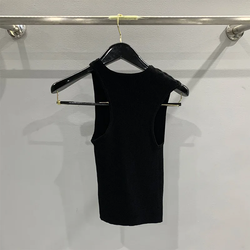 

Tank Top For Women 2024 New Spring/Summer Black Ribbed Knit Asymmetrical Sleeveless V-Neck French Style High Quality Designer