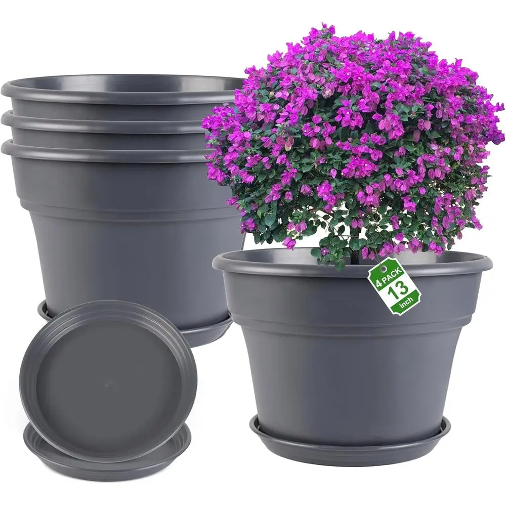 

Myeegoin 13-inch-Plant-Pots, 4 Pack Large Planters or Outdoor Plants, Plastic lower Pots Indoor with Drainage Holes & Trays, Cla