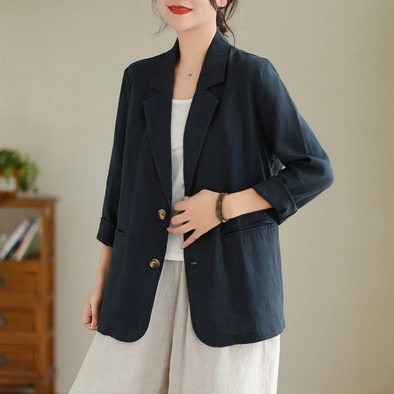 Costume artistique en coton et lin de couleur Pure, coupe ample, col décontracté pour femmes, haut grande taille pour l'automne