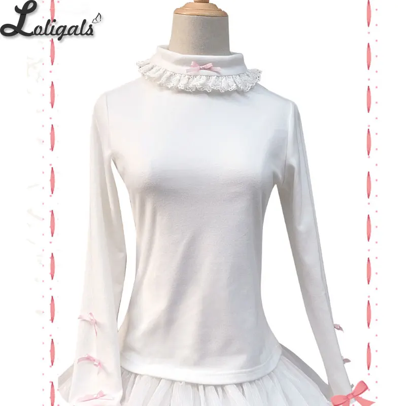 Sweet Long Sleeve Lolita Top Soft Warm Winter Flush Lace Ruffled Turtleneck Underwear for Women