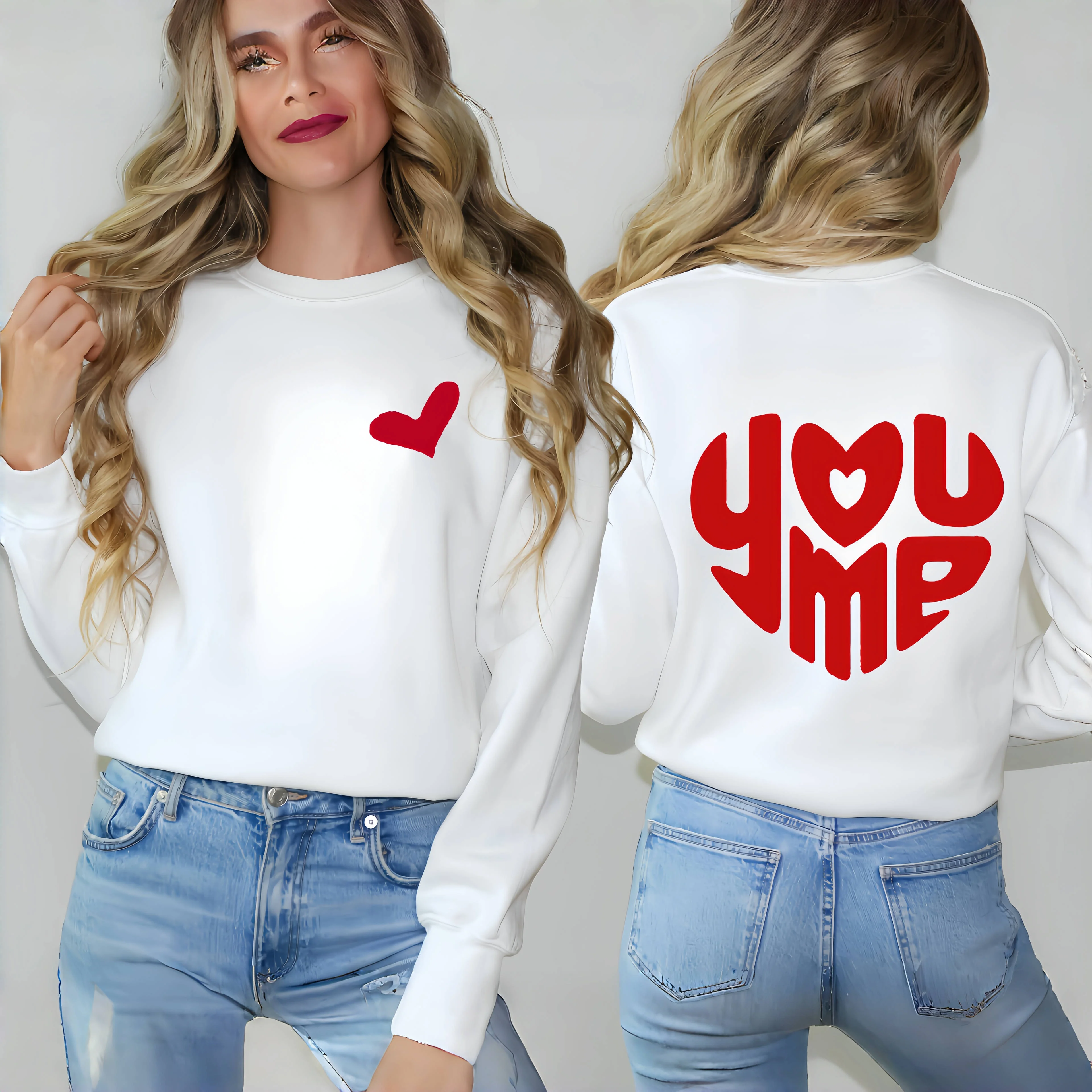 Red Letter Heart Graphic Sweatshirt Women Youthful Fashion Casual Crewneck Pullover Spring Streetwear