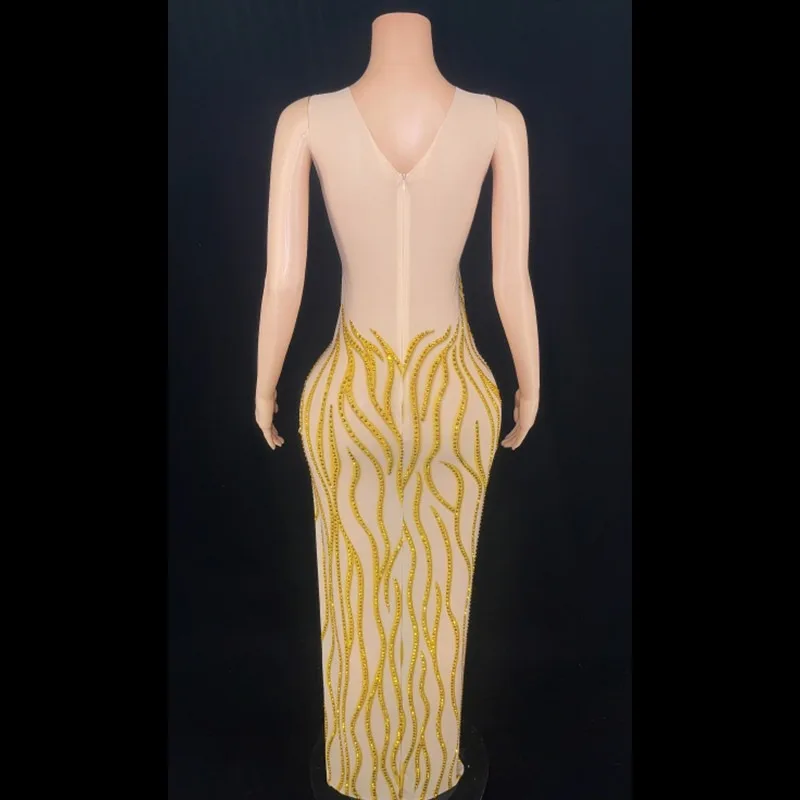 หลายสี Rhinestone มุมมองตาข่าย Elastic Slim Dress เซ็กซี่ STAGE Performance เสื้อผ้าผู้หญิงชุดสําหรับงานปาร์ตี้และงานแต่งงาน