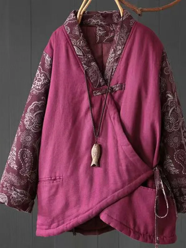 Retro Thiened Cotton Jaet Women's Warmth Outerwear New Chinese Sle V-Ne Long Sve Regular Fit Winter Coat