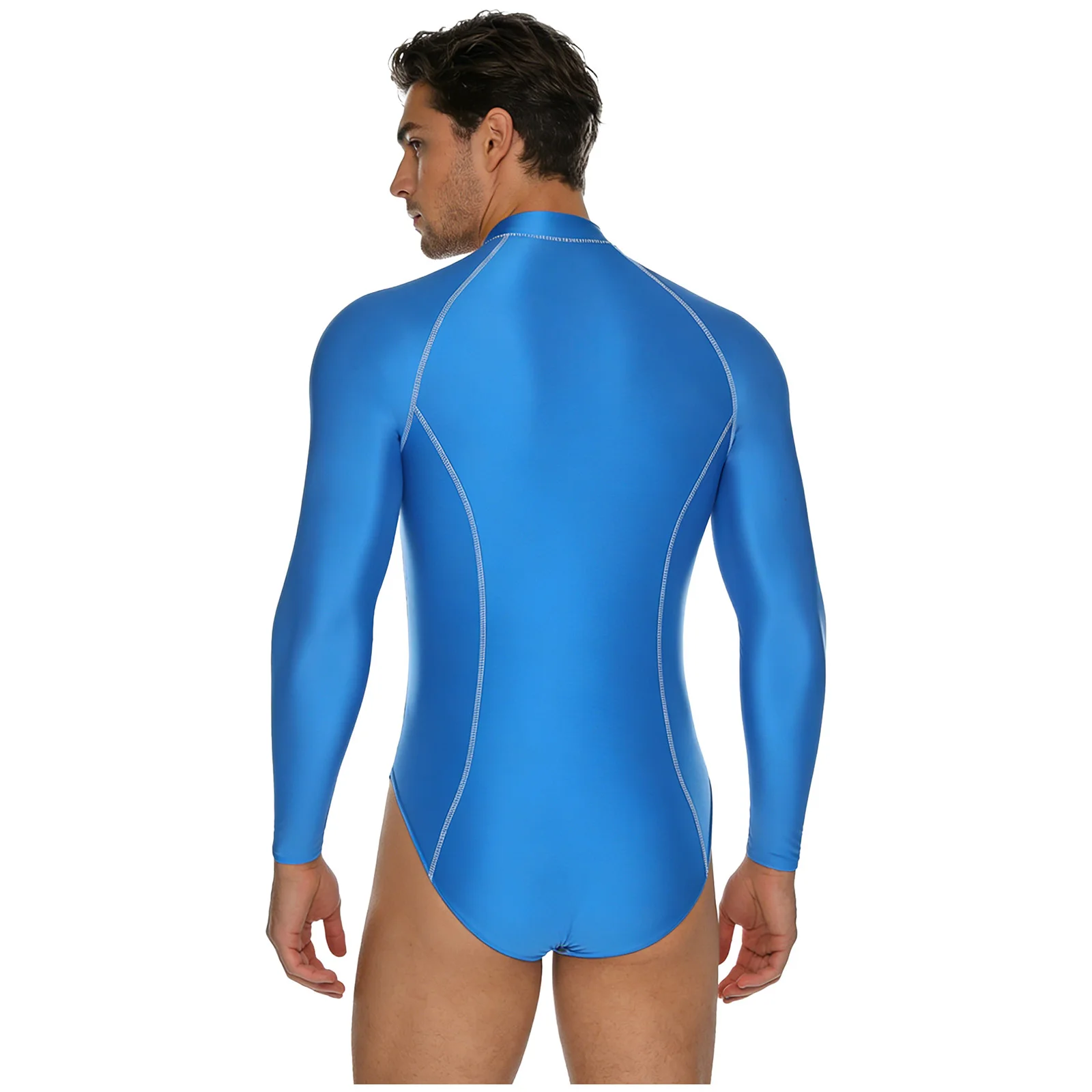 Swimwear Mens Glossy Bodysuit Rash Guard Swimsuit Long Sleeve Front Zipper High Cut Leotard Jumpsuit Surfing Swimming Costume