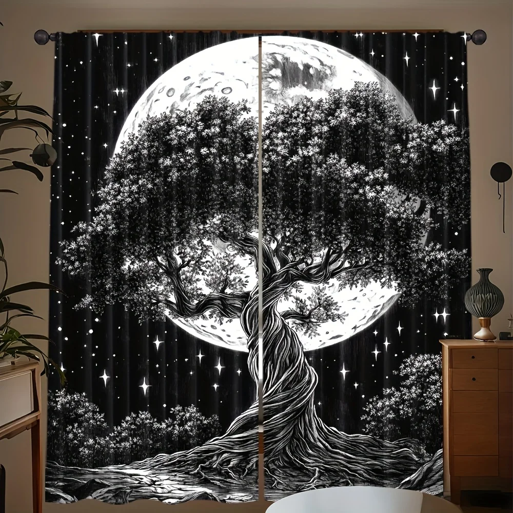 2pcs Sheer Tree of Life with Stars and Moon Pattern Curtains,Rod Pocket Design,Perfect for Kitchen Bedroom and Living Room Decor