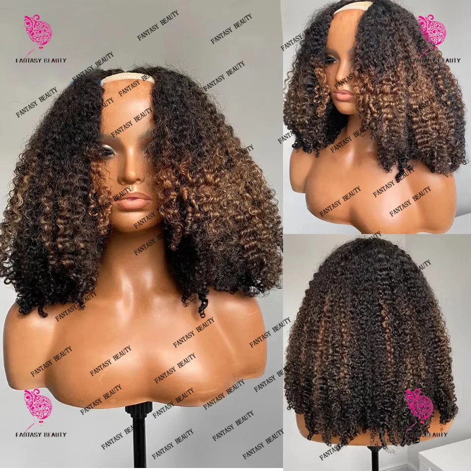 Highligh  Auburn Brown Afro Kinky Curly V Part Wigs Unprocesse 100% Human Hair Ombre Chentust Blonde Water Wave U Shape Full End