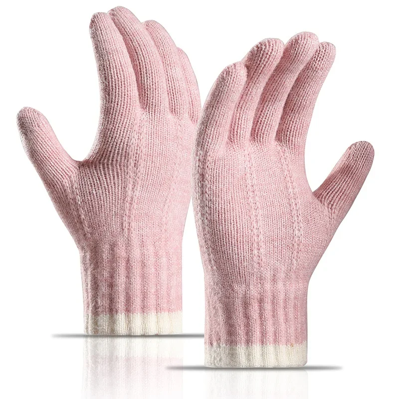 Women Winter Warm Gloves Korean Style Couples Knitted Thick Touchscreen Full Finger Gloves for Cold Weather Cycling