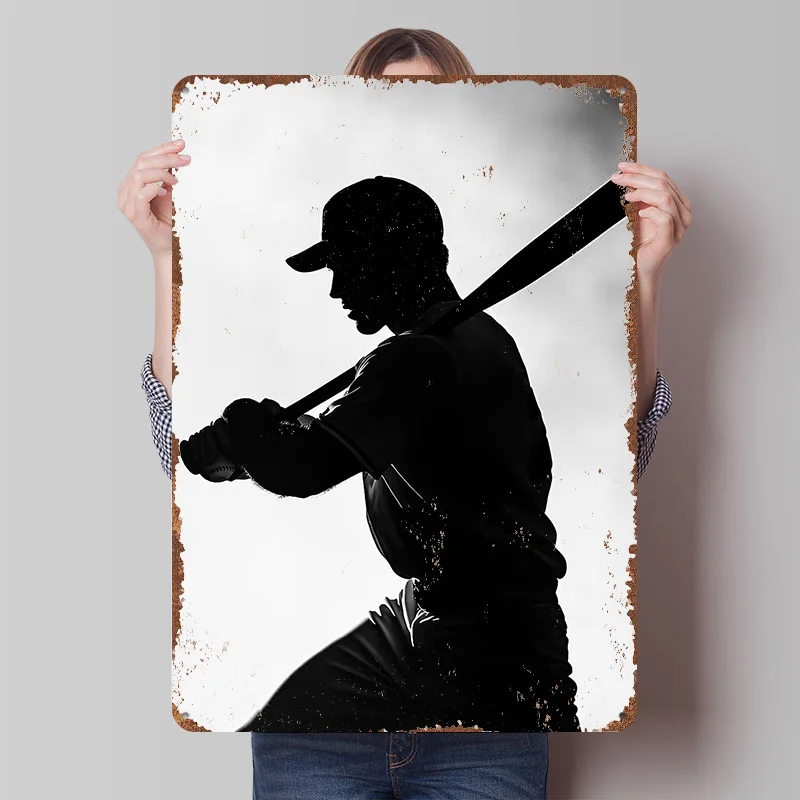 صورة ظلية لاعب البيسبول مع ملصقات مطبوعة على شكل خفاش قابلة للتخصيص على الحائط علامات قصدير معدنية عتيقة لحديقة غرفة المنزل