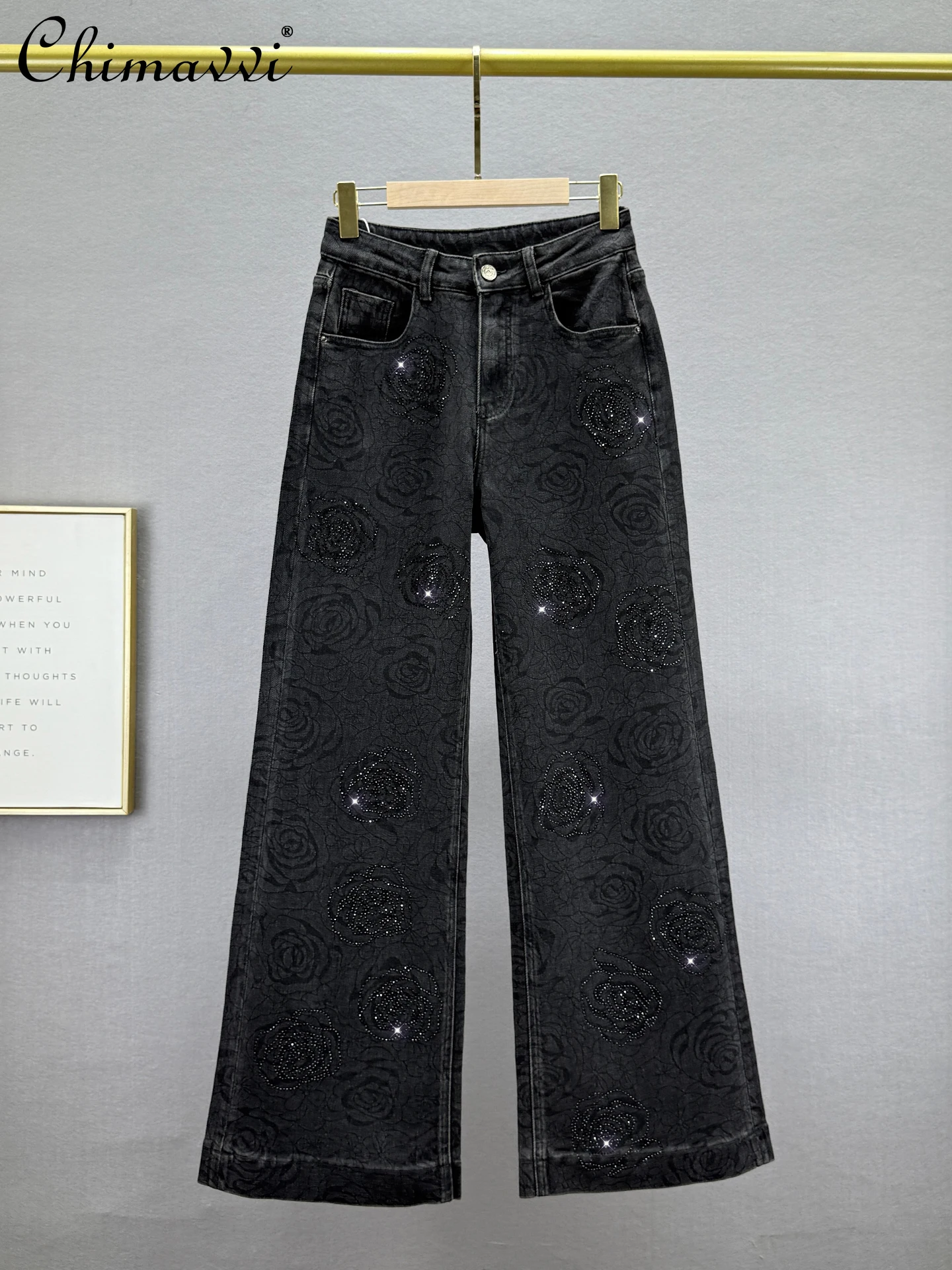 

Fashion Printed Rhinestone Denim Wide-Leg Pants for Women 2025 Autumn New High-Waisted Loose Slim Retro Floor-Length Pants
