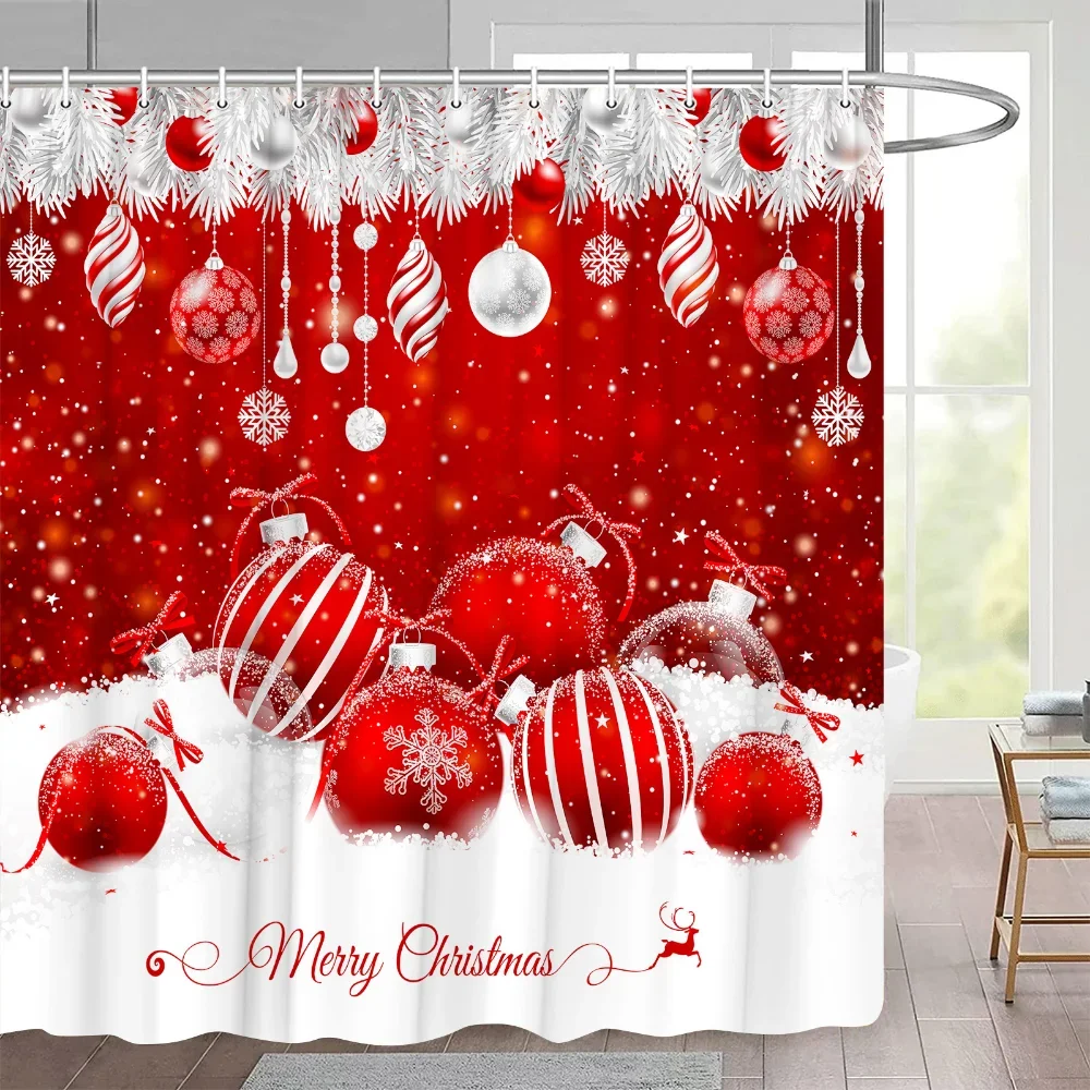 Christmas Shower Curtain Set Red Xmas Balls Fir Branches Snow Art Print New Year Holiday Bathroom Decor Fabric Bath Curtain Hook