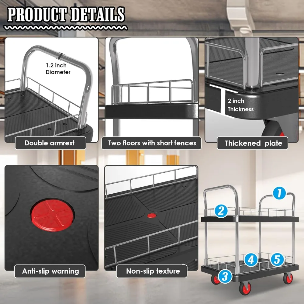 عربة أدوات شديدة التحمل ذات رفين مع 4 عجلات دوارة، سعة 660 رطل للمستودعات والمرآب والاستخدام المنزلي #6