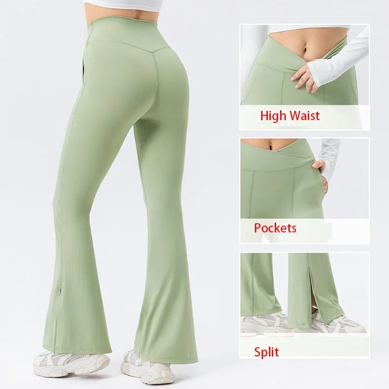 Aiithuug Pockets Women Yoga Leggings Bell Bottom Yoga Leggings Flare Yoga Legging Split Hem Bootcut Workout Leggings Crossover