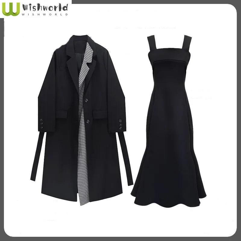 

Autumn and Winter Set Women's New Style Korean Edition Medium and Long Wind Jacket Fishtail Dress Two Piece Set