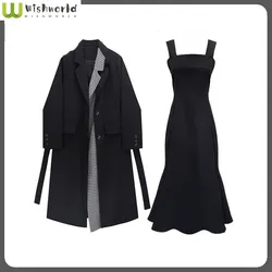 Autumn and Winter Set Women's New Style Korean Edition Medium and Long Wind Jacket Fishtail Dress Two Piece Set