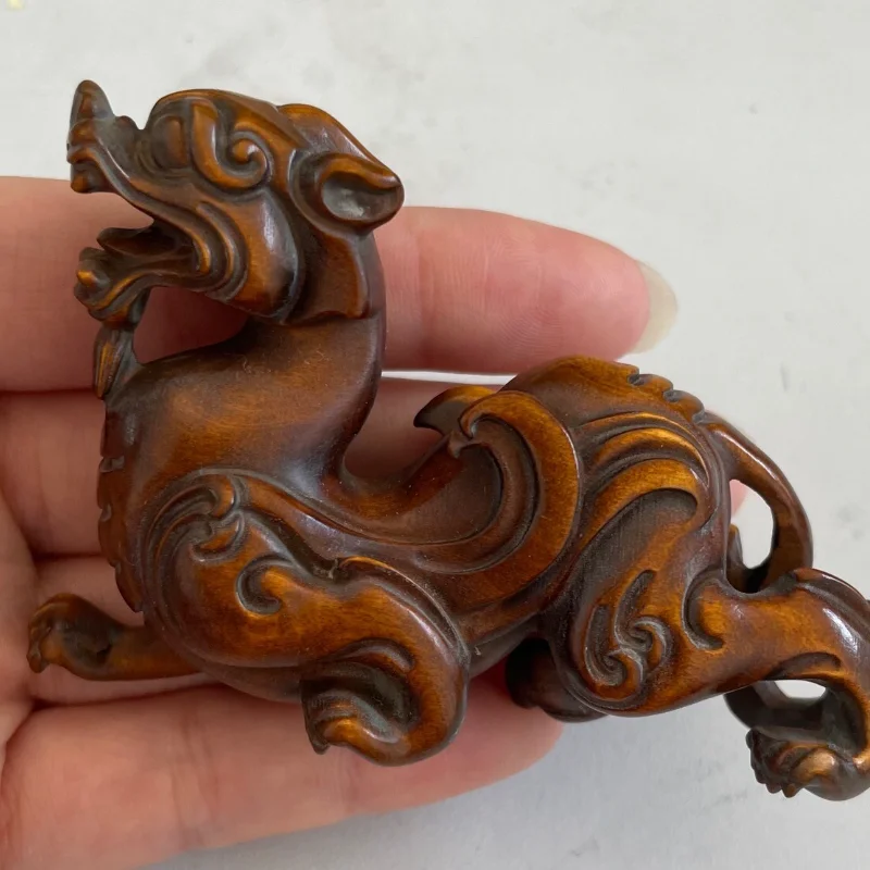 Chinese Boxwood Hand Carved Pi Xiu Statue Vintage Wooden Unicorn Figurine Home Desktop Luck Collectible Ornament