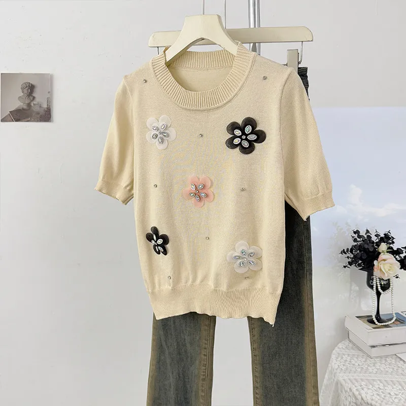 

Diamond-mounted Stereoscopic Flower Knitted Pullover Women 2026 Summer Korean Style Short Sleeve Tops O-neck Slim-looking Tees