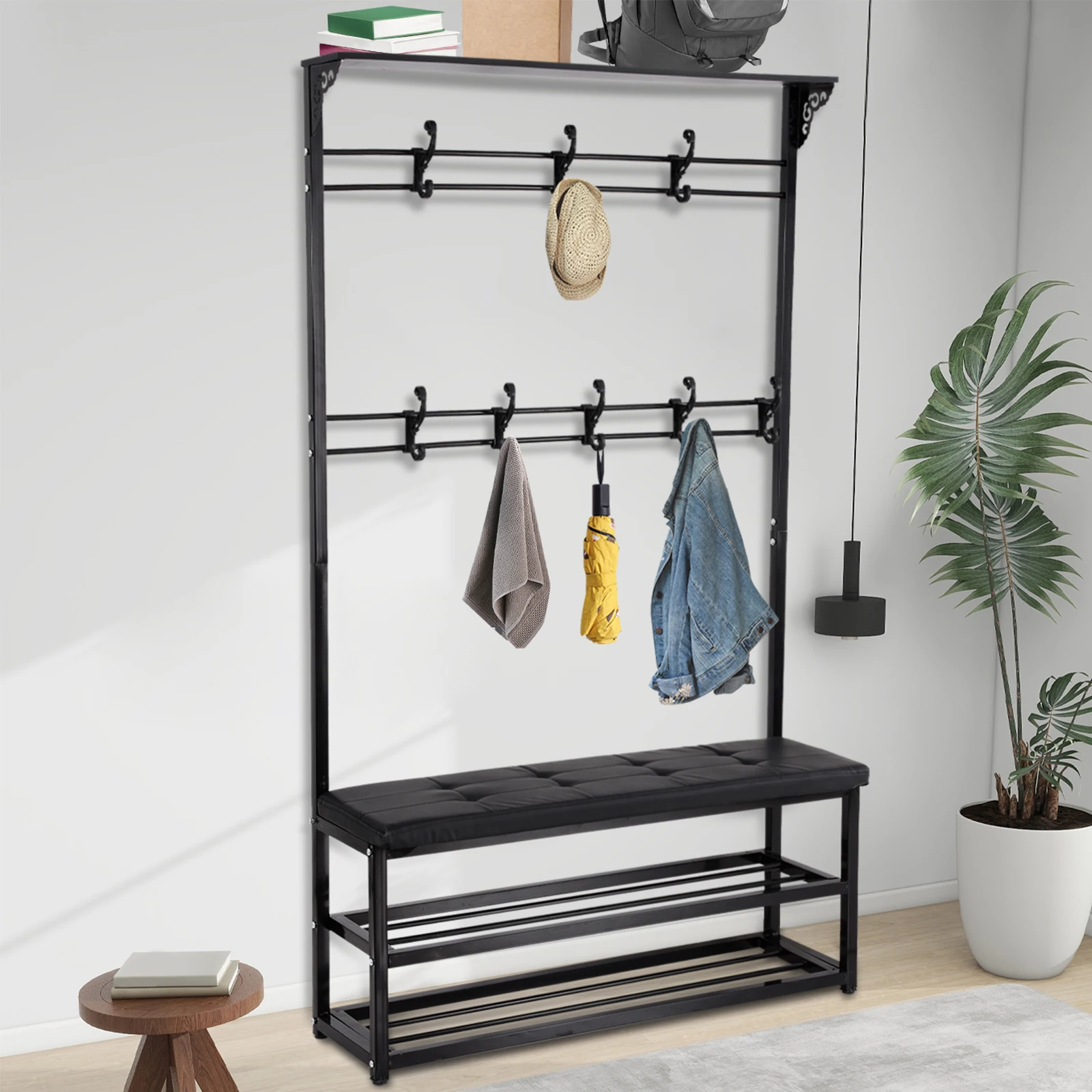 Hall Tree with Shoe Storage 4-in-1 Metal Coat Hanger Entryway Bench with Storage Shelf w/ 8 Removable Hooks