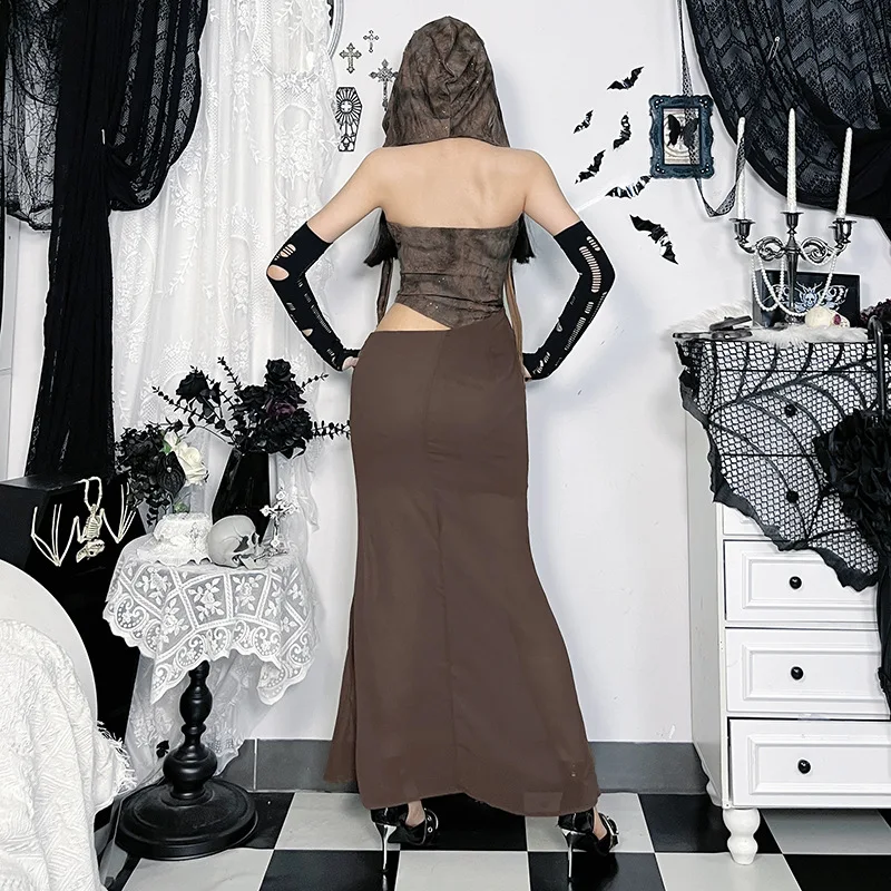 2000s vintage com capuz vestidos sem alças 2025 nova sexy menina quente impresso bodycon vestido longo y2k design marrom festa cos roupas chique